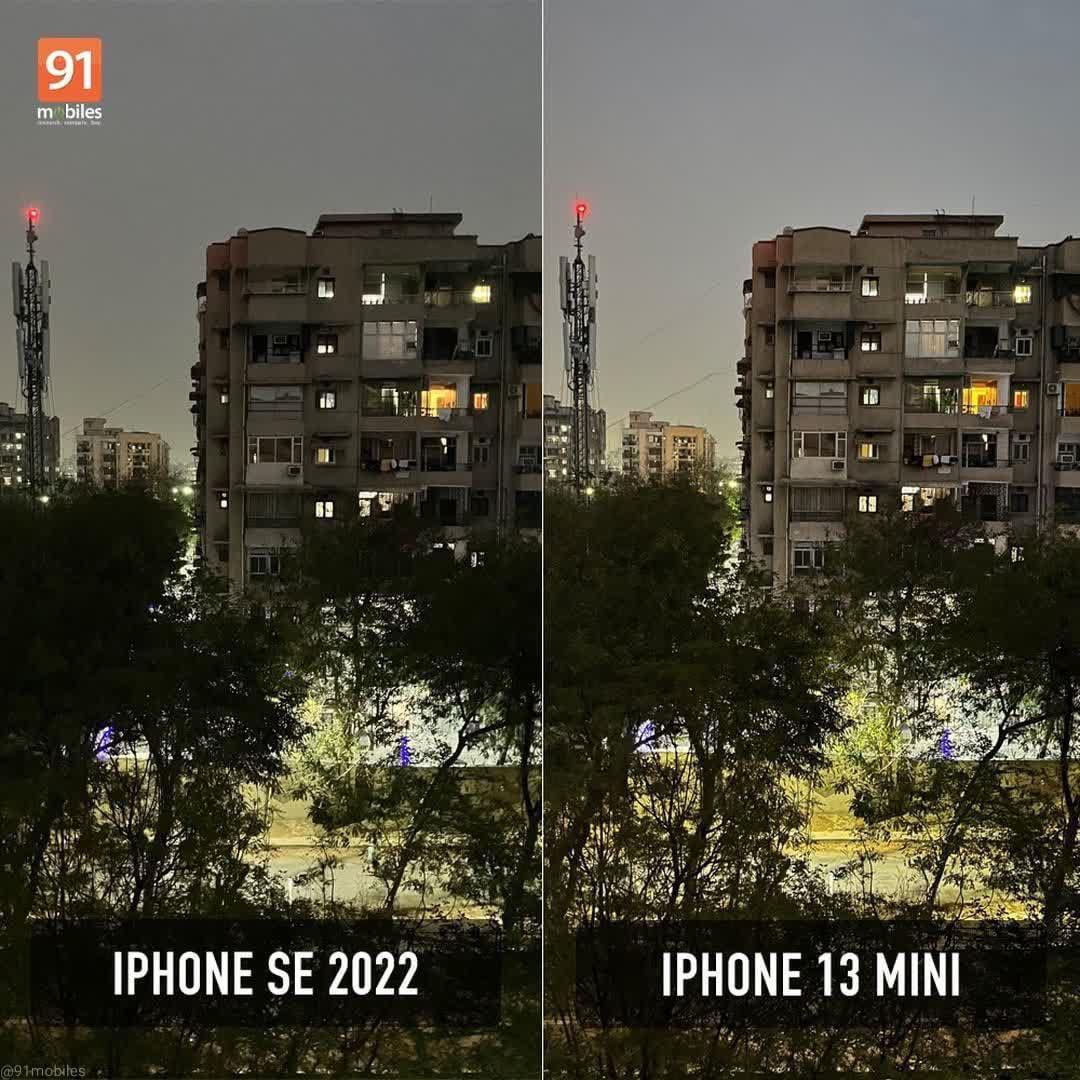 2022年的iPhone SE和2021年的iPhone 13 mini夜景对比
